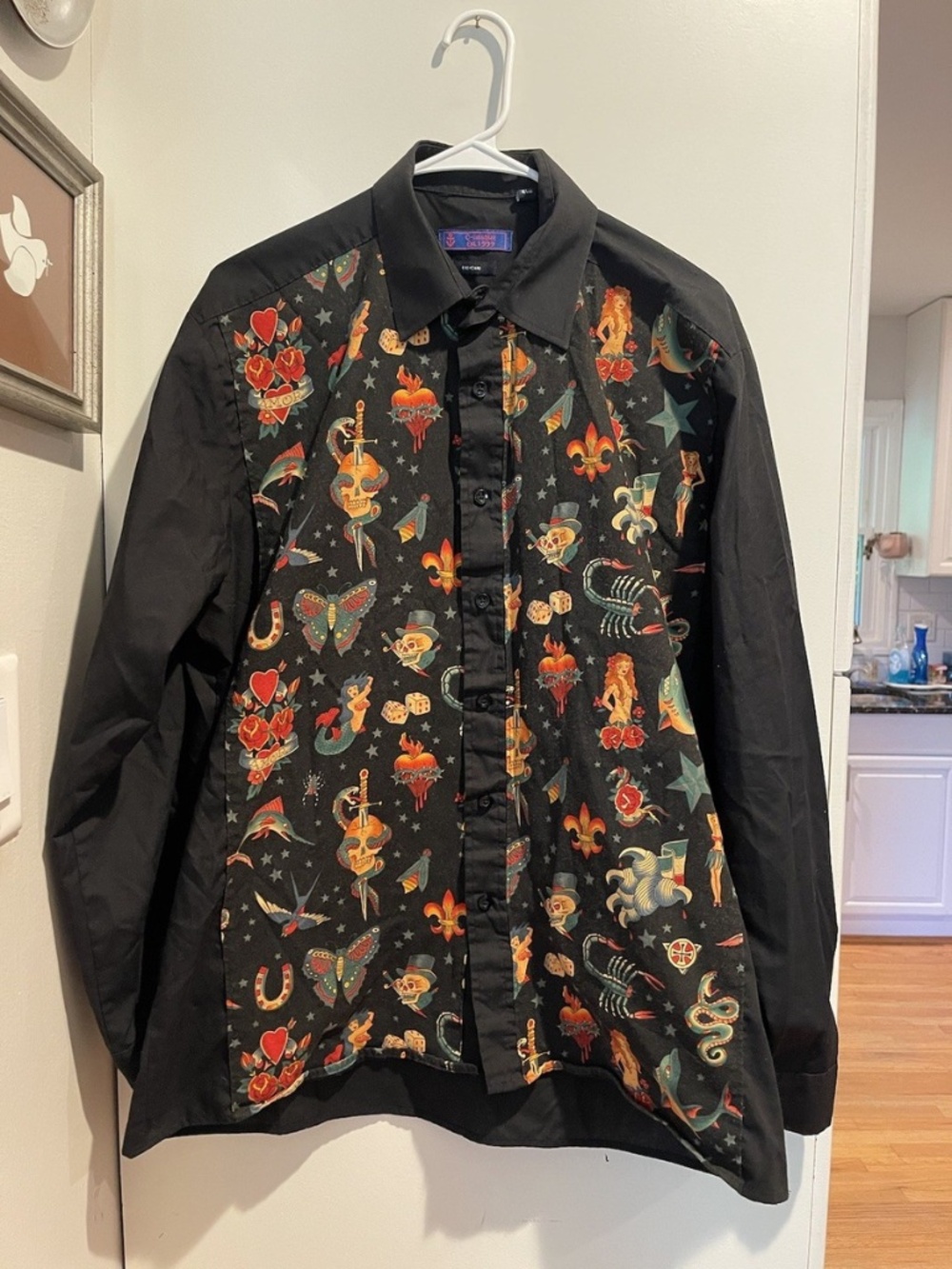 READ C-unique Mens Black Flash Tattoo L Button Up Shirt Rockabilly Psychobilly